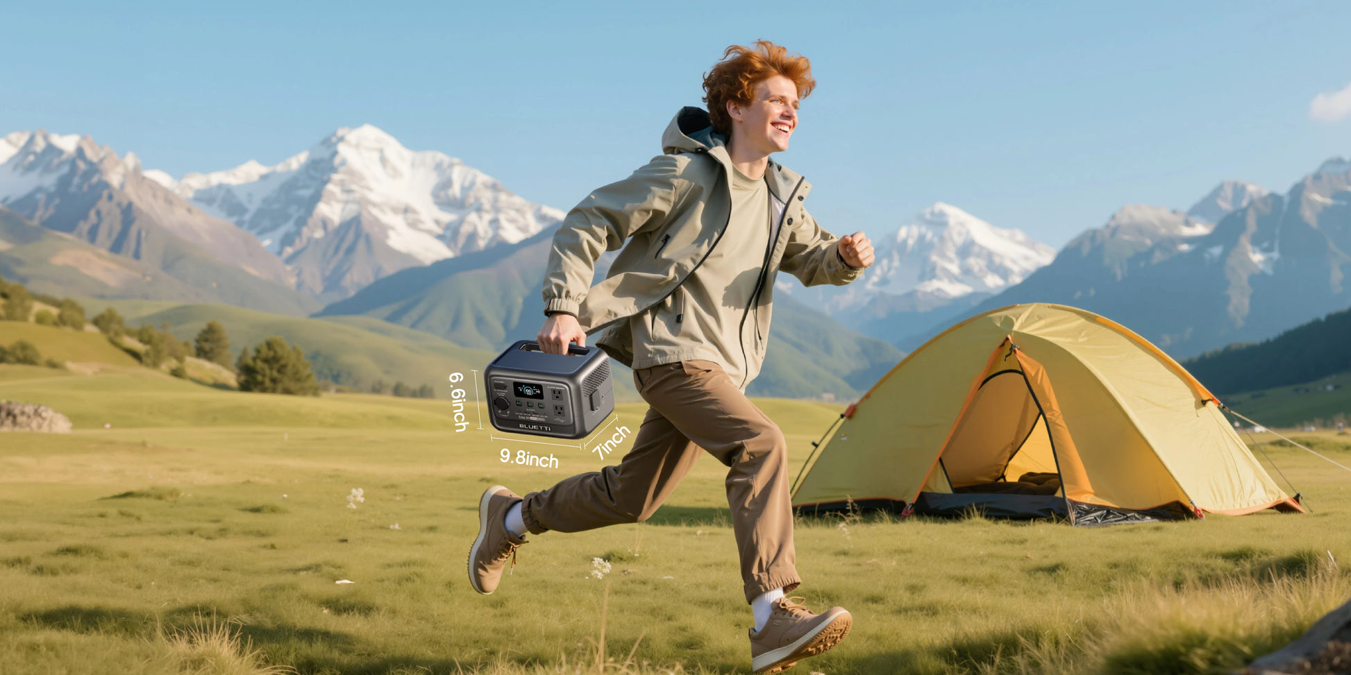 A person runs outdoors while carrying the BLUETTI Elite 30 V2 Portable Power Station, set against mountains and a yellow tent.