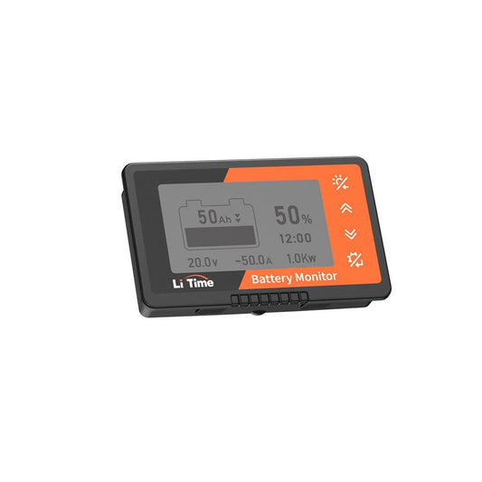 LiTime 500A Battery Monitor displaying battery information with a black and orange design; includes a backlit LCD screen.