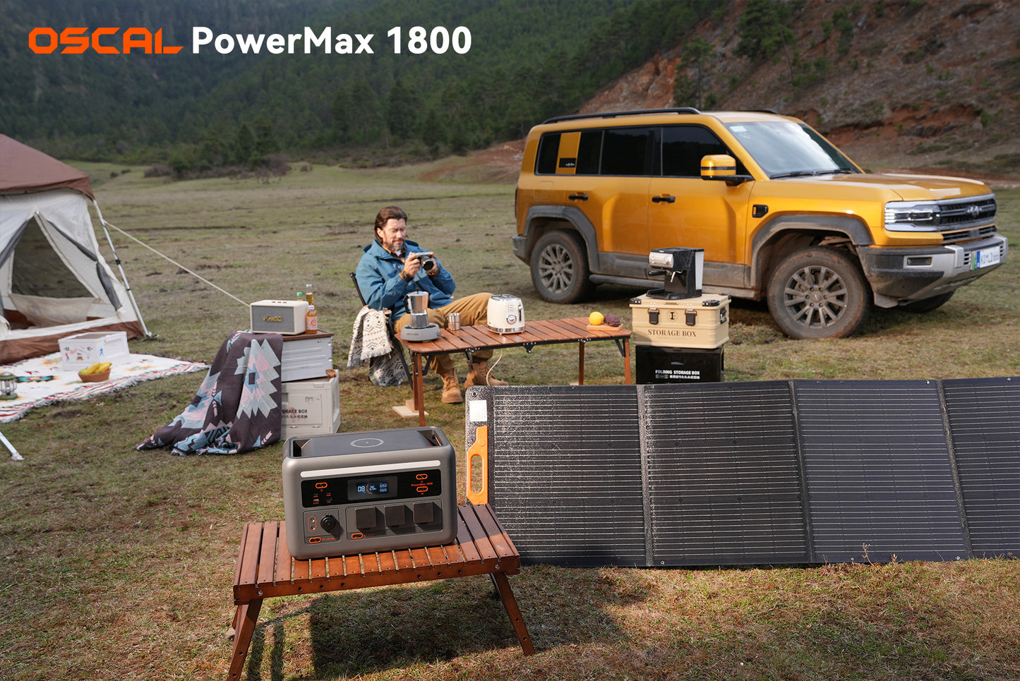 Portable solar generator and solar panels powering campsite with SUV in nature setting