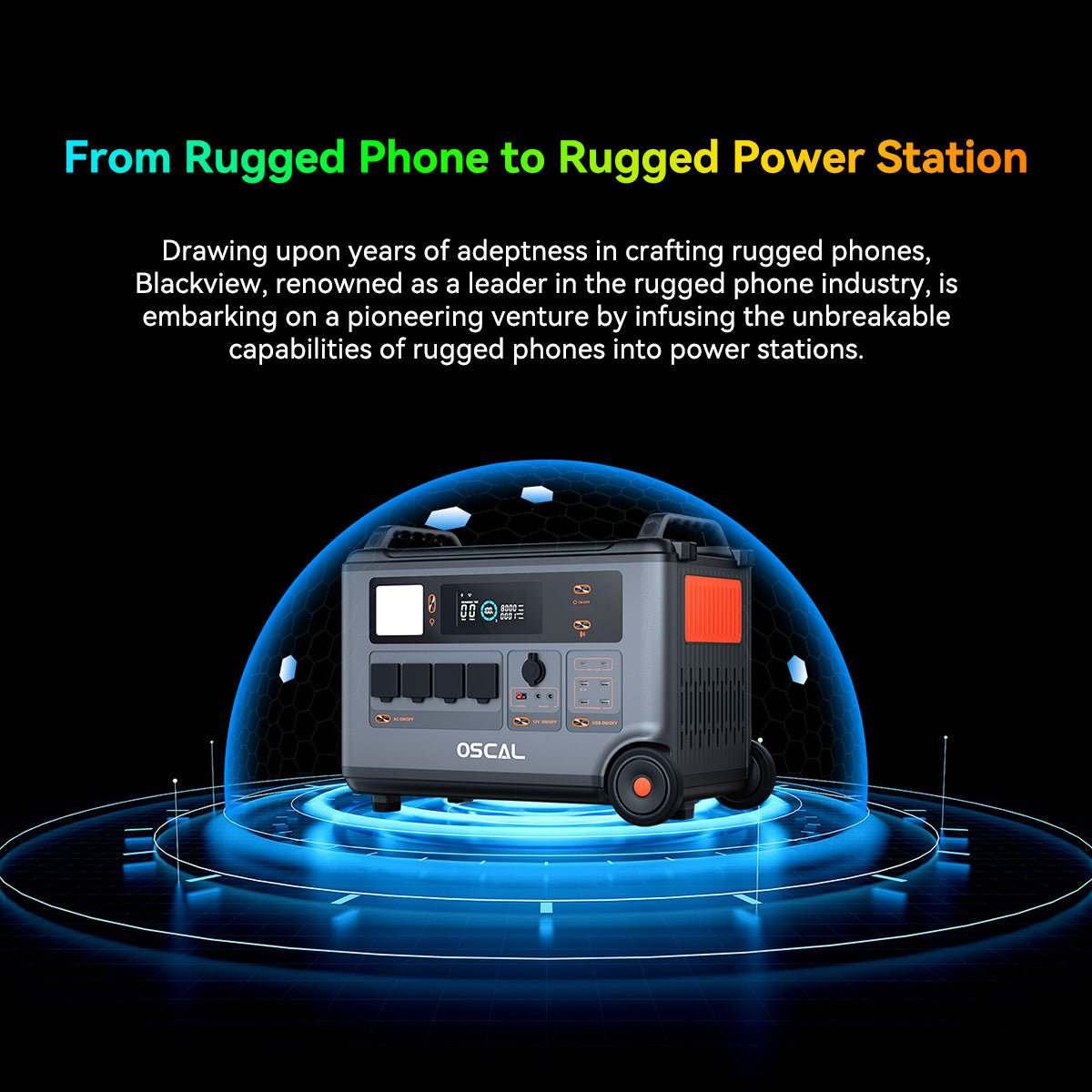 Portable rugged solar generator power station with control panel and wheels on a digital background