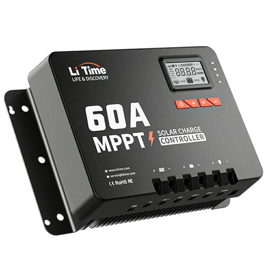 60A MPPT solar charge controller with a black die-cast aluminum housing, LCD screen, and Bluetooth connectivity for monitoring.