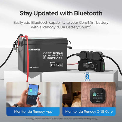 Compact Renogy Core Mini 12V 200Ah LiFePO4 battery in black, featuring red and black cables, highlighting Bluetooth compatibility.