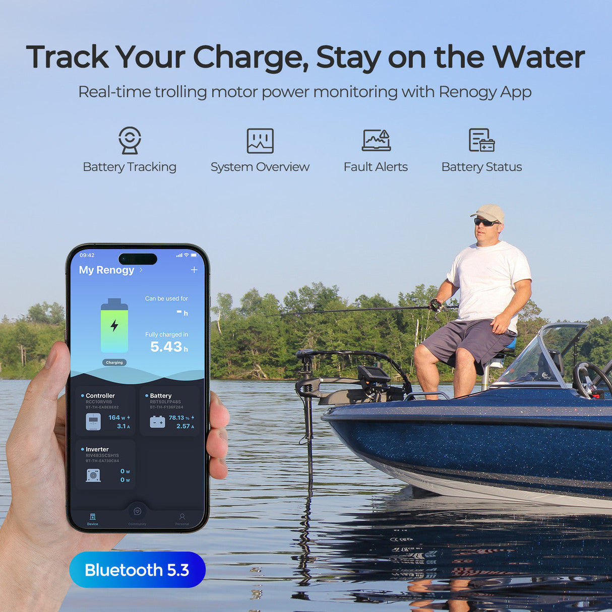 Renogy Core - Batterie LiFePO4 12V 100Ah Groupe 24 pour Moteur de Pêche à la Traîne avec Bluetooth