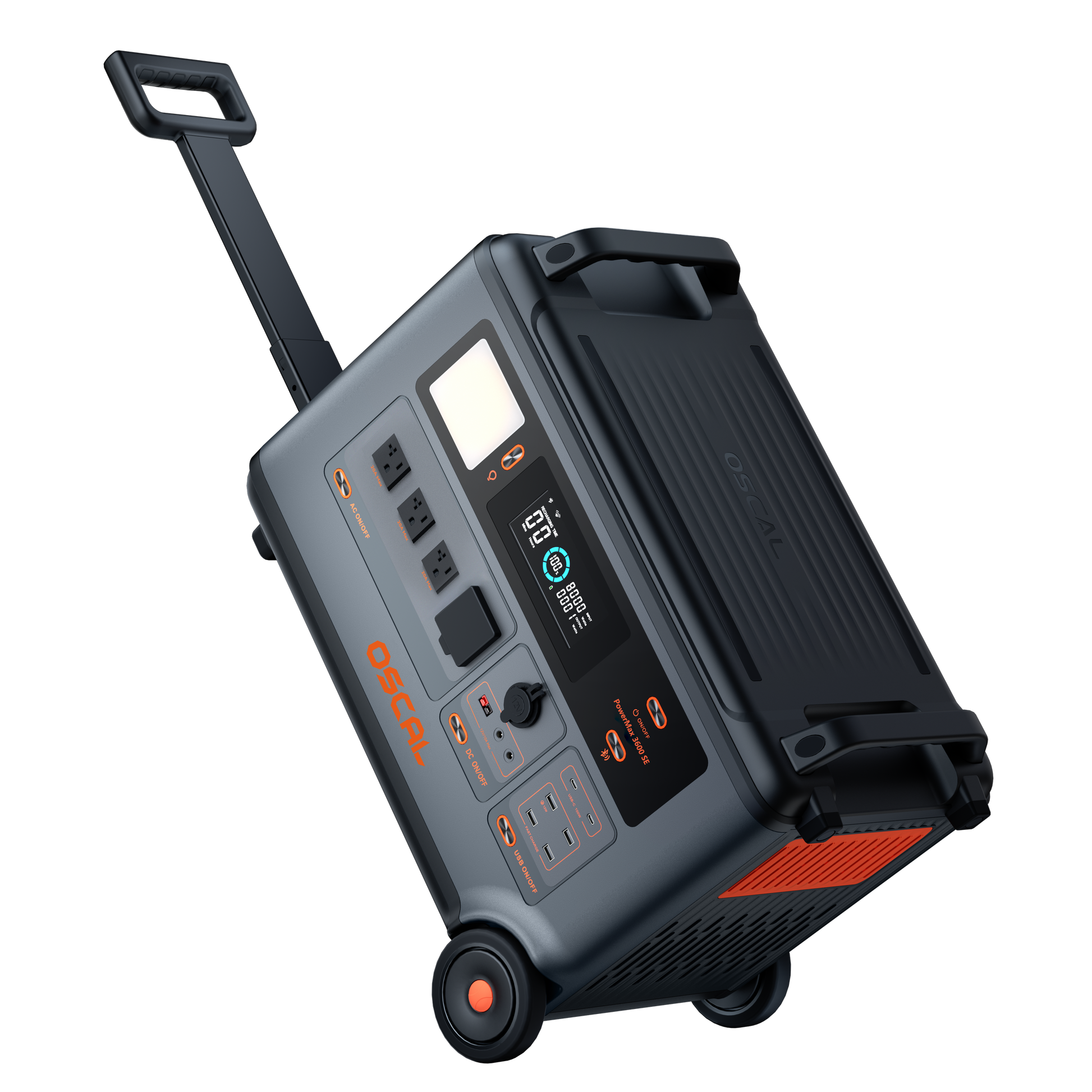 Portable solar generator with digital display, multiple power outlets, and pull handle