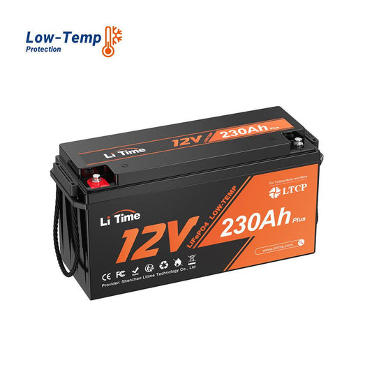 LiTime 12V 230Ah battery with low-temperature protection; sleek black and orange design, compact size for efficient use.