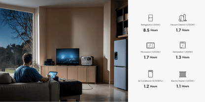 BLUETTI AC200L portable power station on a cabinet, powering a TV and kitchen appliances, with a man using a laptop on a sofa.