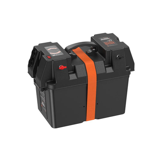 Durable black battery box with a built-in voltmeter, orange strap, and multiple accessory ports for marine and RV use.