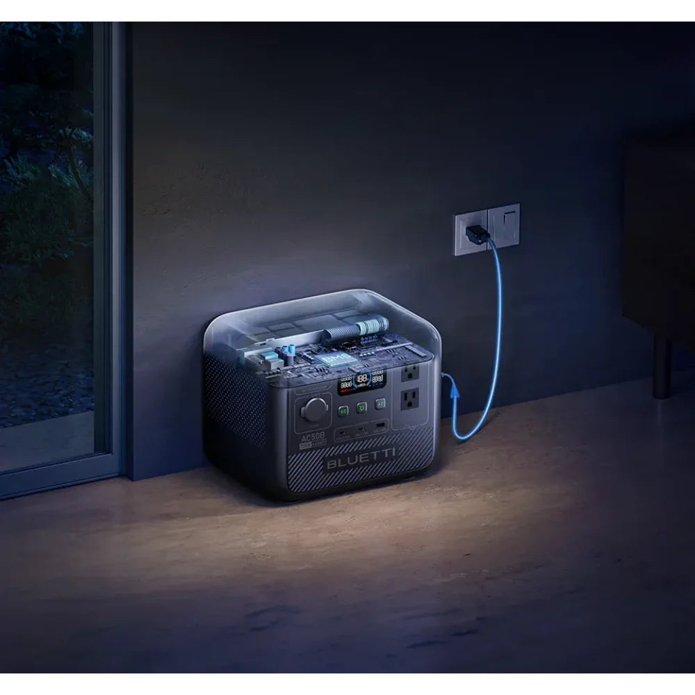 BLUETTI AC50B Portable Power Station with a sleek black design, plugged in with a blue charging cable, displaying power metrics.