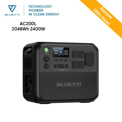 High-capacity BLUETTI AC200L power station in black, featuring multiple outlet ports, LED display, and handle for portability.