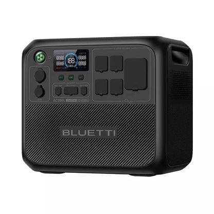 High-capacity black BLUETTI AC200L portable power station with display, multiple ports, and textured design.