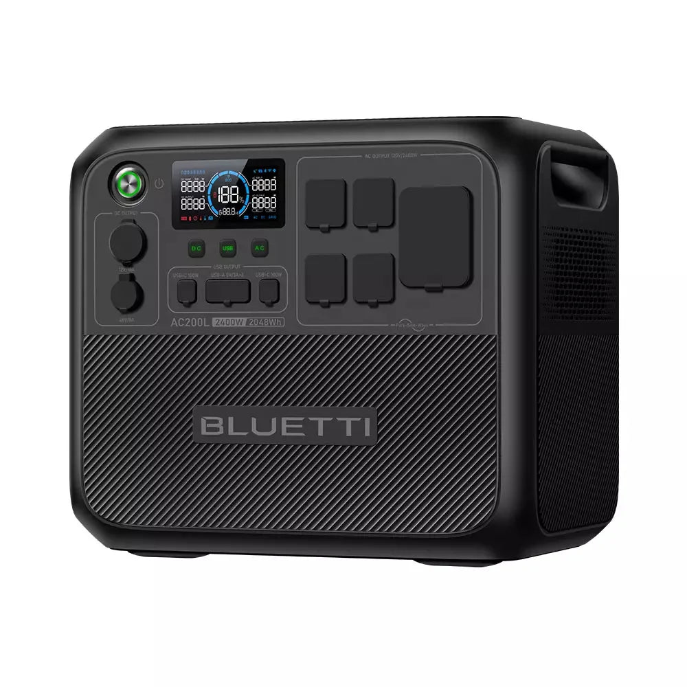 High-capacity black BLUETTI AC200L portable power station with digital display and multiple ports for charging devices.