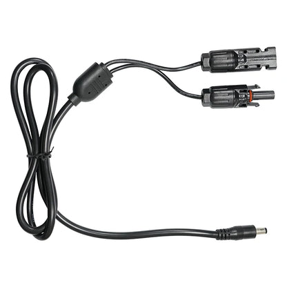 Solar panel connector adapter cable with black male and female connectors, featuring a 5.5mm x 2.1mm DC output for power stations.