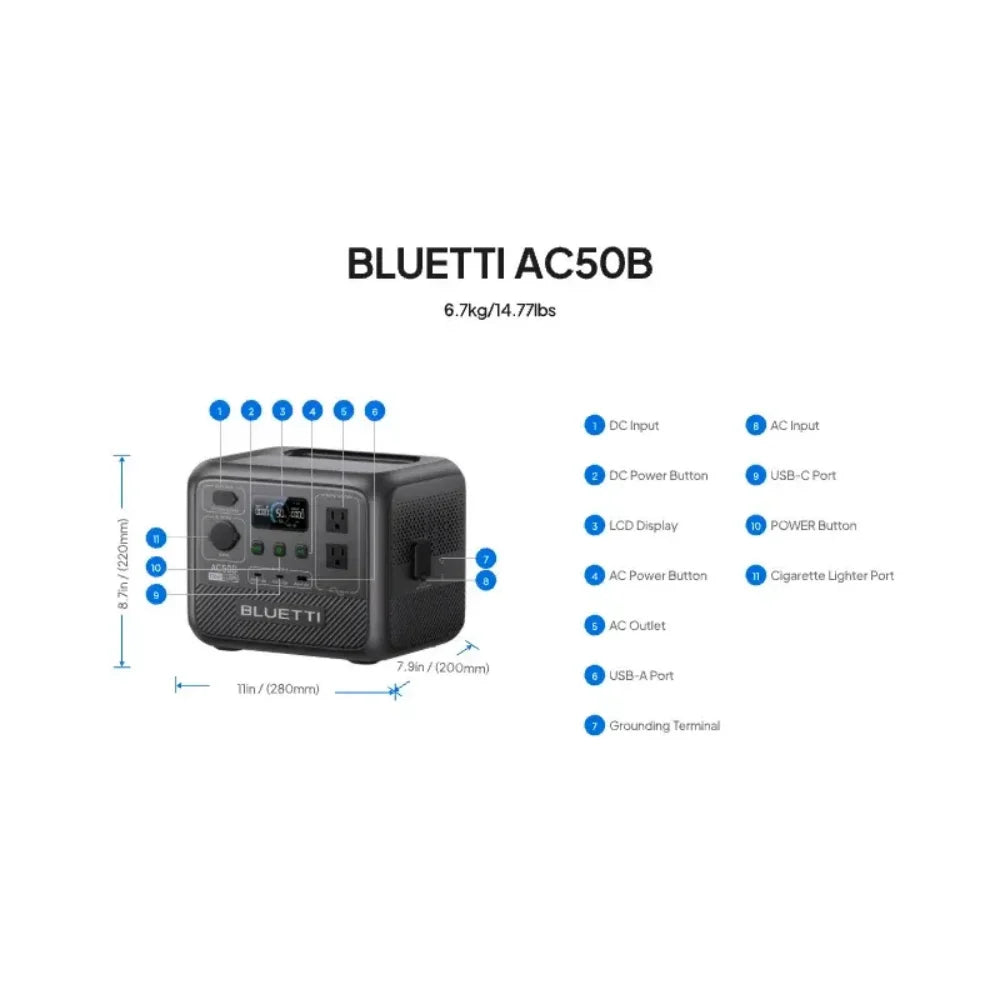 BLUETTI AC50B Portable Power Station in black, featuring a compact design, LCD display, and multiple charging ports.
