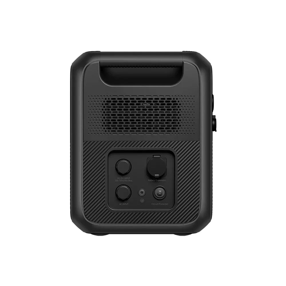 Black portable power station with a textured surface, featuring various input/output ports and a handle for easy transport.