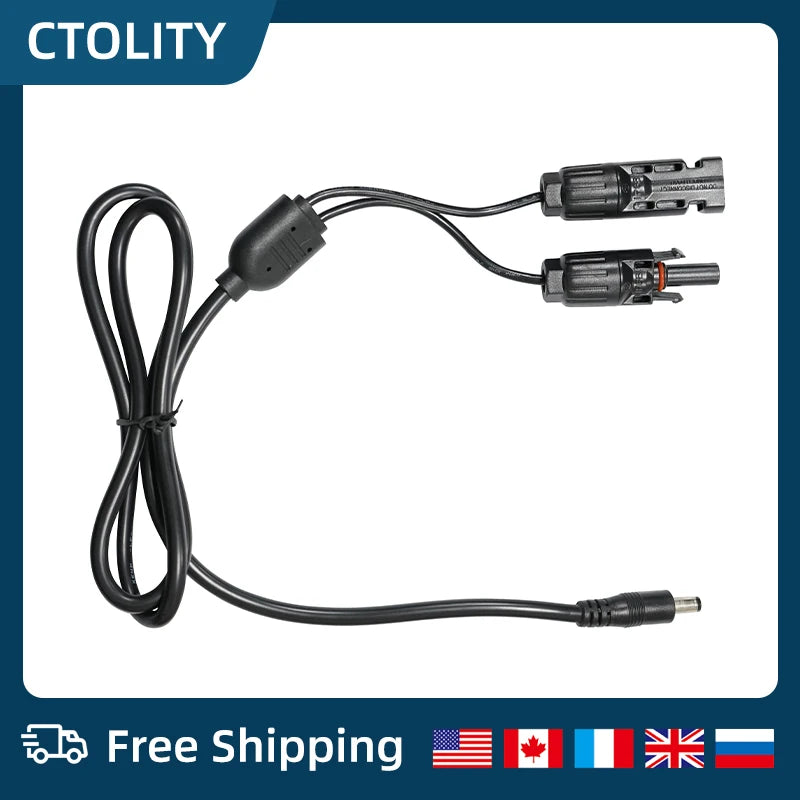 Black solar panel connector cable featuring two male connectors and one 5.5mm x 2.1mm DC plug for portable power stations.