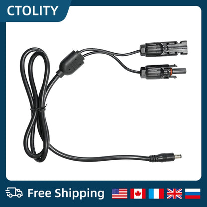 Black solar panel connector cable featuring two male connectors and one 5.5mm x 2.1mm DC plug for portable power stations.