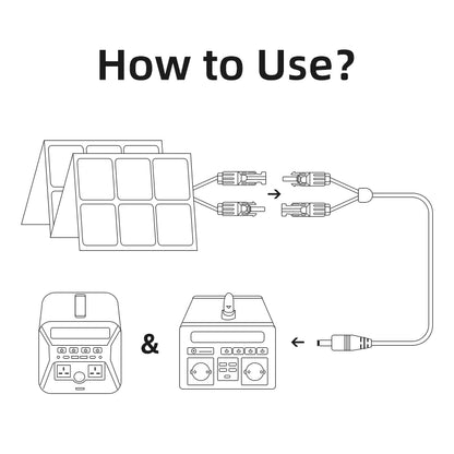 Diagram showing a solar panel connector to DC5.5mm*2.1mm adapter cable connecting solar panels and a portable power station.