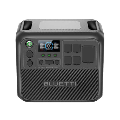 High-capacity BLUETTI AC200L portable power station in black, featuring various output ports and a digital display.