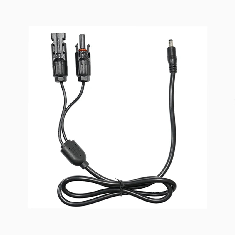 Black solar panel connector cable with a DC5.5mm*2.1mm adapter, featuring two solar connectors and a single male connector.