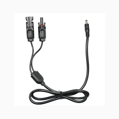 Black solar panel connector cable with a DC5.5mm*2.1mm adapter, featuring two solar connectors and a single male connector.