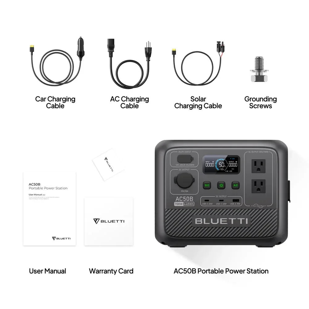 BLUETTI AC50B Portable Power Station in black with multiple charging ports, LCD display, and compact design for outdoor use.
