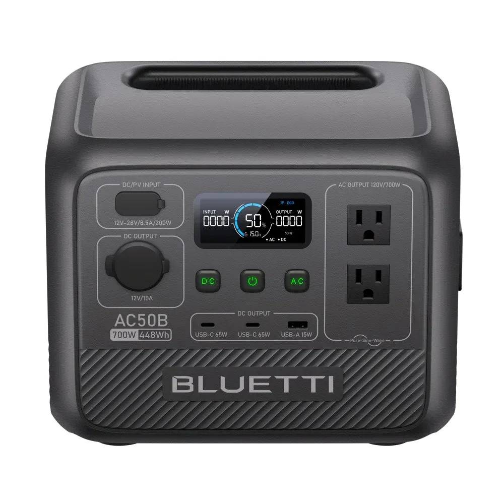 Black BLUETTI AC50B portable power station features a display screen, multiple ports, and a compact design for outdoor use.