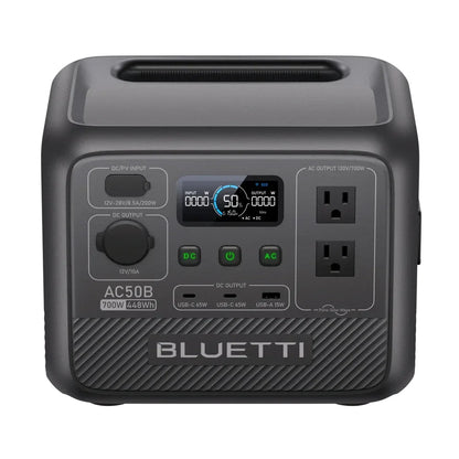 Black BLUETTI AC50B portable power station features a display screen, multiple ports, and a compact design for outdoor use.