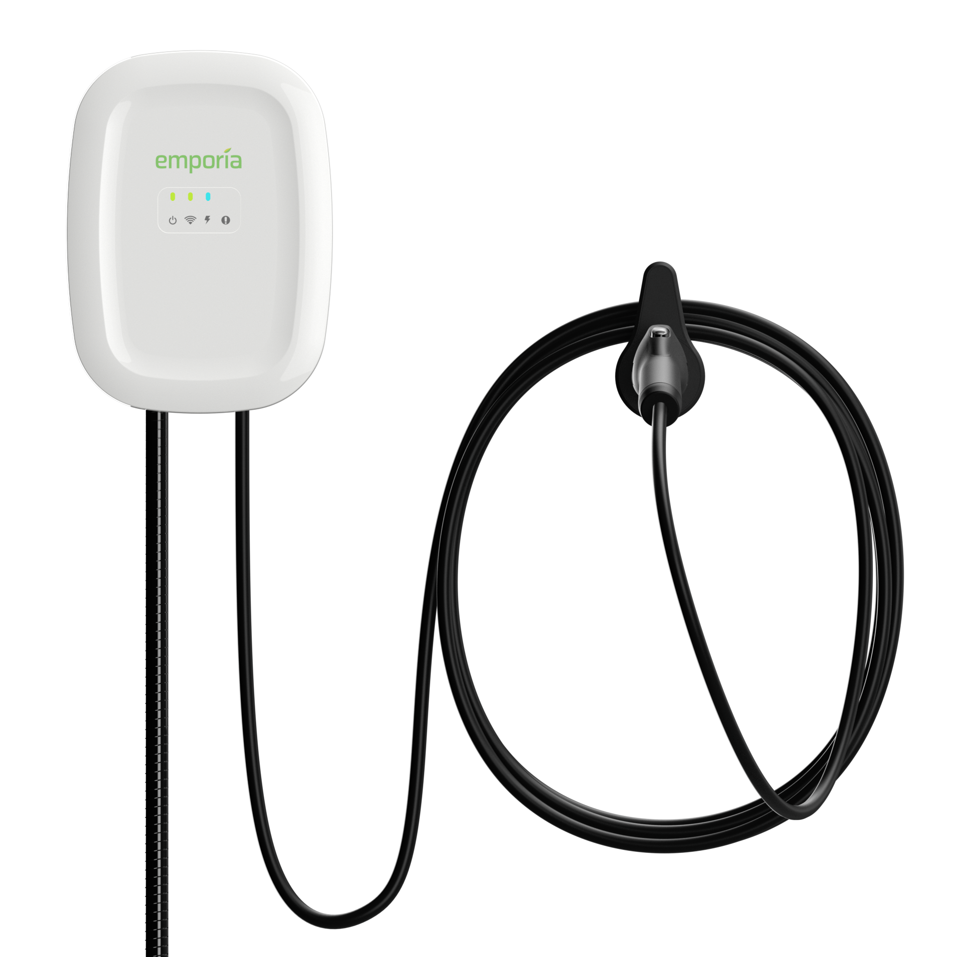 Emporia EV charger wall unit with coiled black cable, renewable energy product