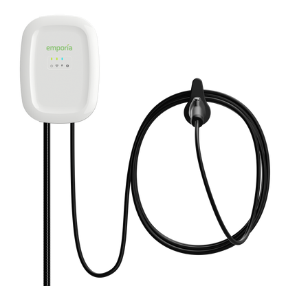 Emporia EV charger wall unit with coiled black cable, renewable energy product