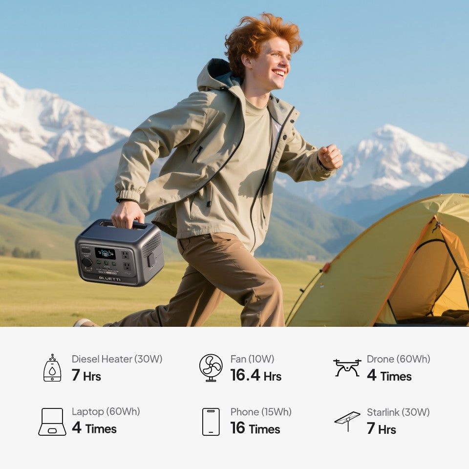 A young man wearing a light grey jacket and tan pants runs outdoors, carrying the BLUETTI Elite 30 V2 Portable Power Station. A tent is visible behind him with mountains in the background.