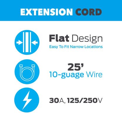 25 ft Generator Extension Cord – Heavy-Duty Flat 10 Gauge Power Distribution Cord with Multiple Household Outlets