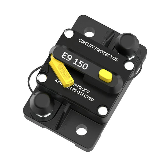 150A switchable circuit breaker in black, featuring a yellow reset switch and labeled for overcurrent protection.