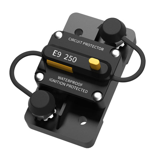 LiTime 250A switchable circuit breaker for LiFePO4 batteries, featuring a black design with yellow disconnect switch and waterproof rating.