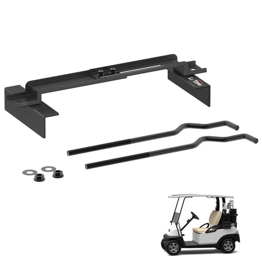 Heavy-duty black battery hold-down kit, includes clamps and bolts, designed for secure fit in golf carts.