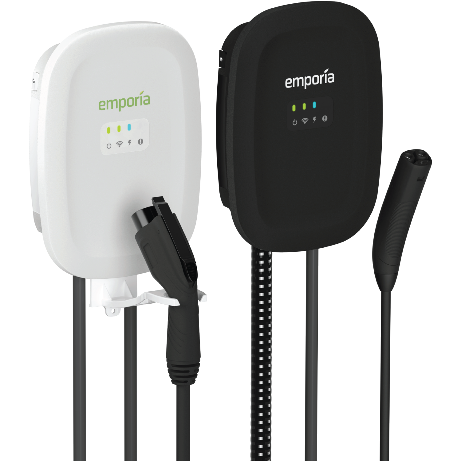 Emporia electric vehicle chargers in black and white on SolarFlares Generators homepage