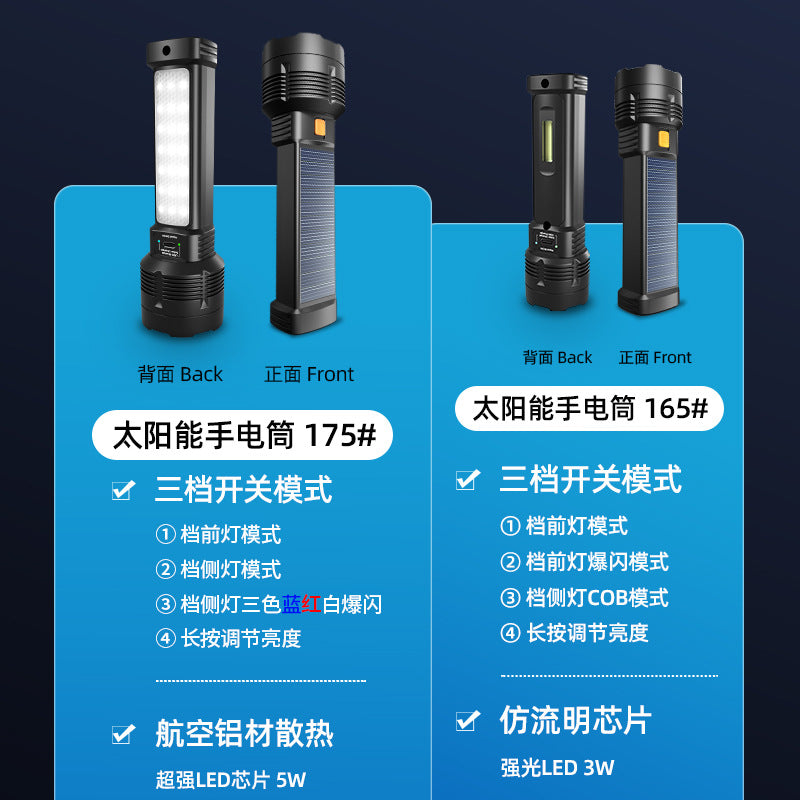 Solar flashlight features a sturdy black ABS body with a solar panel, dual light modes, and an impressive 100,000 lumens output.