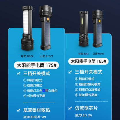 Solar flashlight features a sturdy black ABS body with a solar panel, dual light modes, and an impressive 100,000 lumens output.