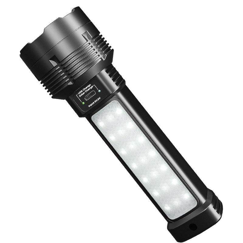 Handheld black solar flashlight featuring a USB charging port, 100,000 lumens output, and LED source for outdoor use.
