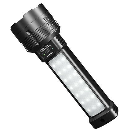 Handheld black solar flashlight featuring a USB charging port, 100,000 lumens output, and LED source for outdoor use.
