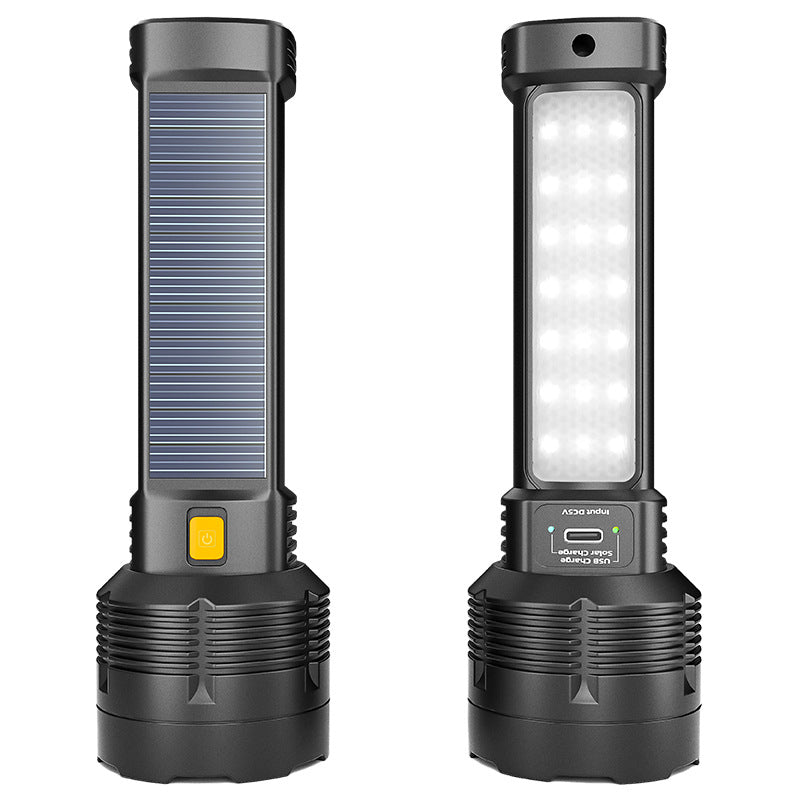 Handheld solar flashlight with a sleek black body, features a solar panel, power button, and bright LED bulb outputting 100,000 lumens.
