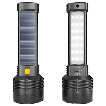 Handheld solar flashlight with a sleek black body, features a solar panel, power button, and bright LED bulb outputting 100,000 lumens.