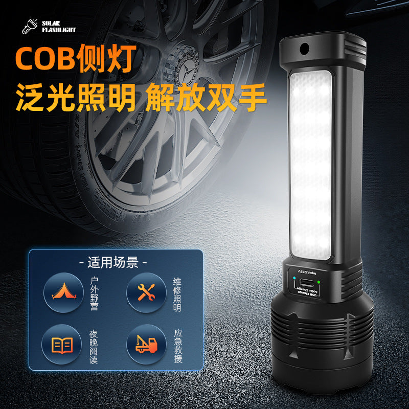 Handheld solar flashlight featuring a black ABS casing, 100,000 lumens output, USB charging, and battery capacity of 1200mAh.