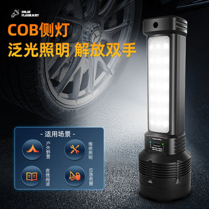 Handheld solar flashlight featuring a black ABS casing, 100,000 lumens output, USB charging, and battery capacity of 1200mAh.