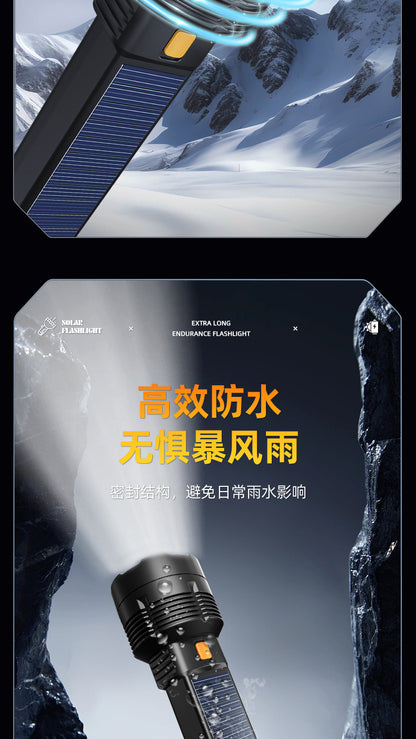 Portable solar flashlight featuring a black body and solar panel, offering 100,000 lumens brightness for outdoor use.