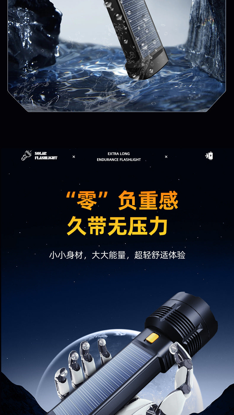 Portable solar flashlight with black ABS casing, solar panel on top, and bright LED output of 100,000 lumens.