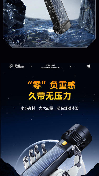 Portable solar flashlight with black ABS casing, solar panel on top, and bright LED output of 100,000 lumens.