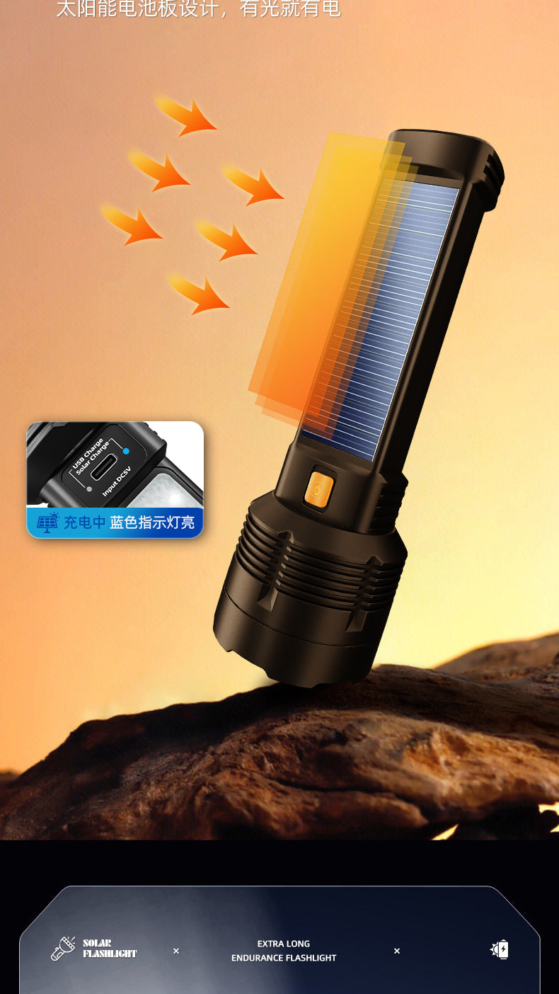 Black solar flashlight with side solar panel, USB charging port, and an orange power button, designed for outdoor use.