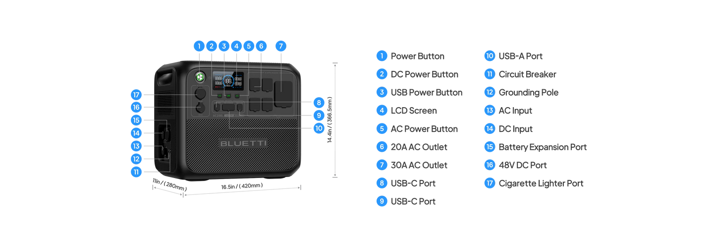Portable power station in black with multiple ports, LED screen, and handle. Compact design for outdoor use or home backup.