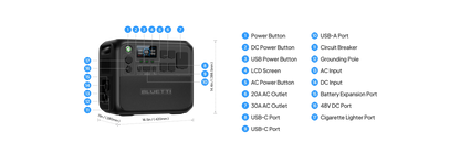 High-capacity black BLUETTI AC200L portable power station with various outlets and an LCD screen for monitoring.