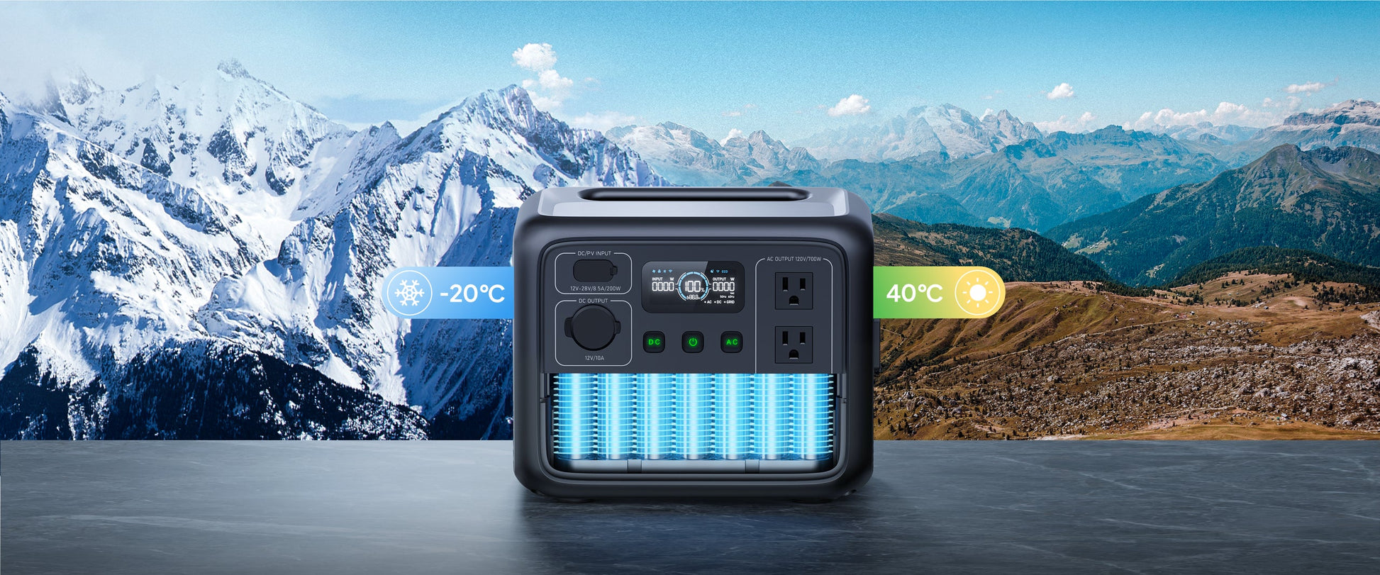 Compact BLUETTI AC50B portable power station with a sleek design, blue cooling fins, displays for inputs and outputs.